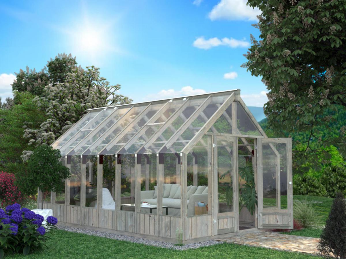 Växthus, Emilia, 13.8 m² - GLASHUS EMILIA 14,5 M2 (13,8) GRÅ TRYCKIMPREGNERAD