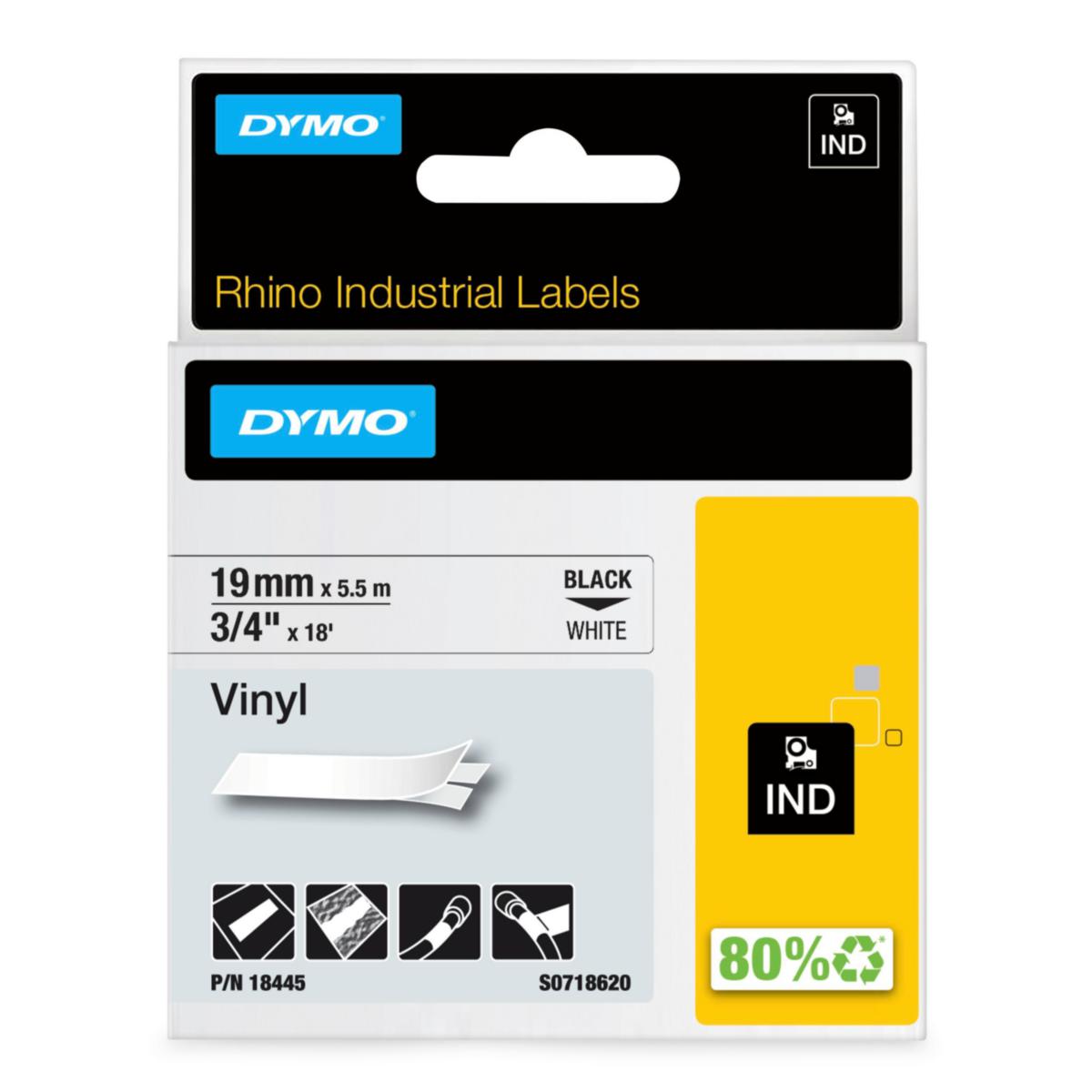 Vinyltejp Dymo Rhino IND - MÄRKTEJP DYMO IND 19 MM X 5,5M VINYL SVART PÅ VIT