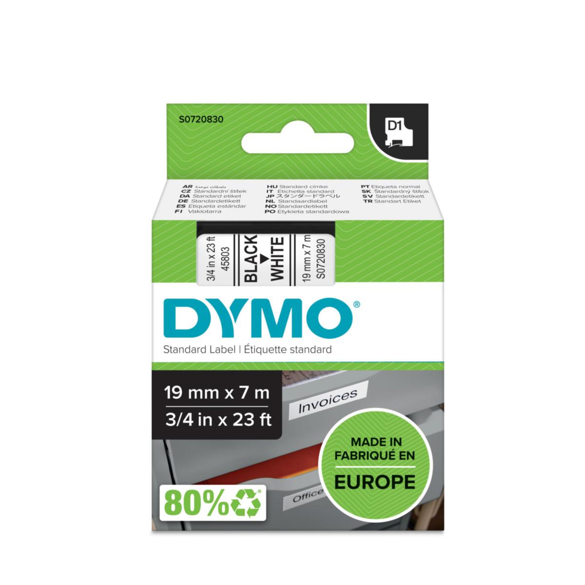 Label dymo d1 - TAPE DYMO D1, 19 MM X 7 M BLACK TEXT ON WHITE TAPE
