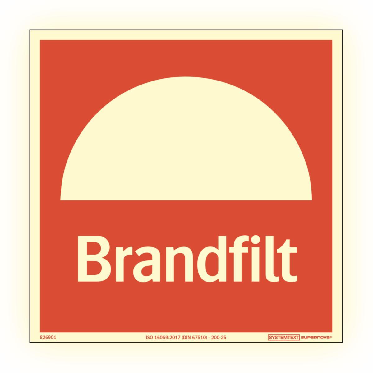 Färgefterlysande "brandskyltar AFS" Supernova® - SKYLT "BRANDFILT AFS" SUPERNOV 210X210 MM ALUMINIUM