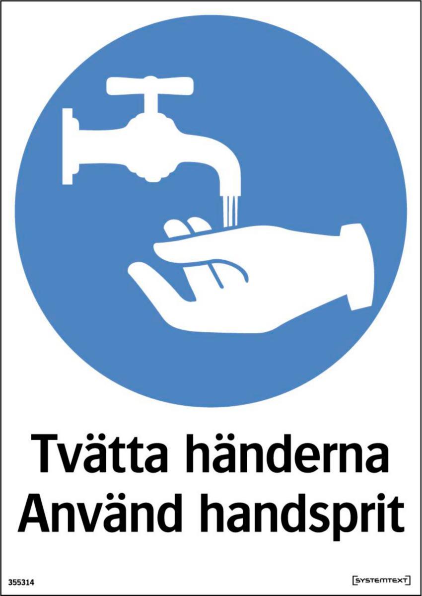 Påbudsdekal virusskydd - TVÄTTA HÄNDERNA ANVÄND HANDSPRIT 210X297 MM HÅRDPLAST