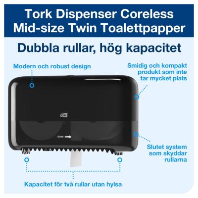 TORK TWIN CORELESS MID-SIZE TOILET ROLL DISPENSER T7 BLACK