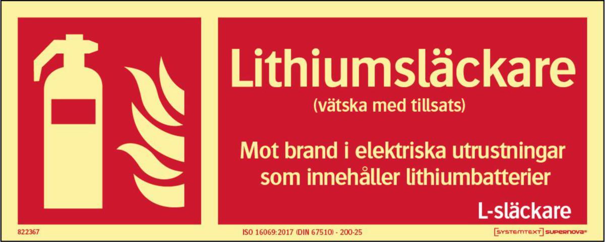 Färgefterlysande "brandskyltar ISO" Supernova® - SKYLT "LITHIUMSLÄCKARE" ISO 250X100 MM ALU SUPERNOVA