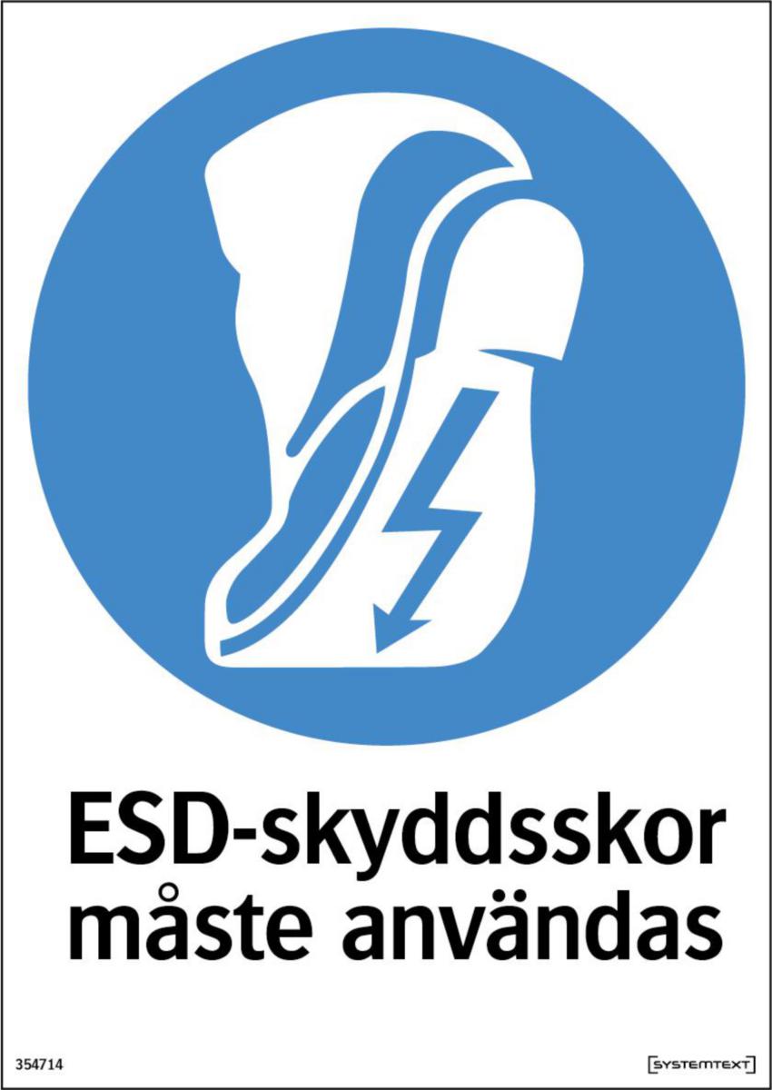 Påbudsskyltar "Utrustning" - SKYLT "ANTISTATISKA SKYDDSKOR MÅSTE" 210X297 MM HÅRDPLAST