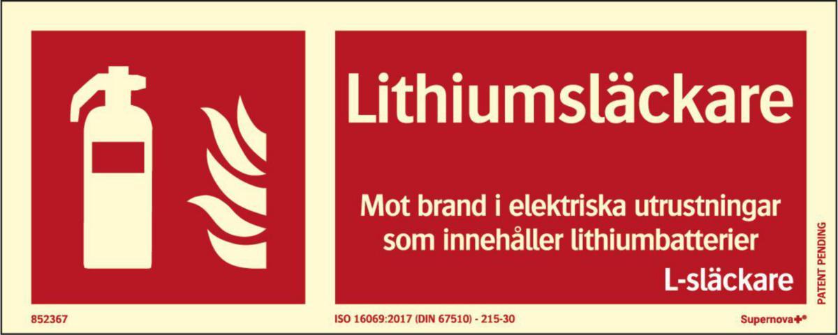 Färgefterlysande "brandskyltar" ISO Supernova®+ - SKYLT "LITHIUMSLÄCKARE ISO" 250x100 MM SUPERNOVA+