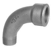 Böj 90° med 1 muff, aducerad, varmförzinkad, in- och utvändig gänga. Int nr 1.