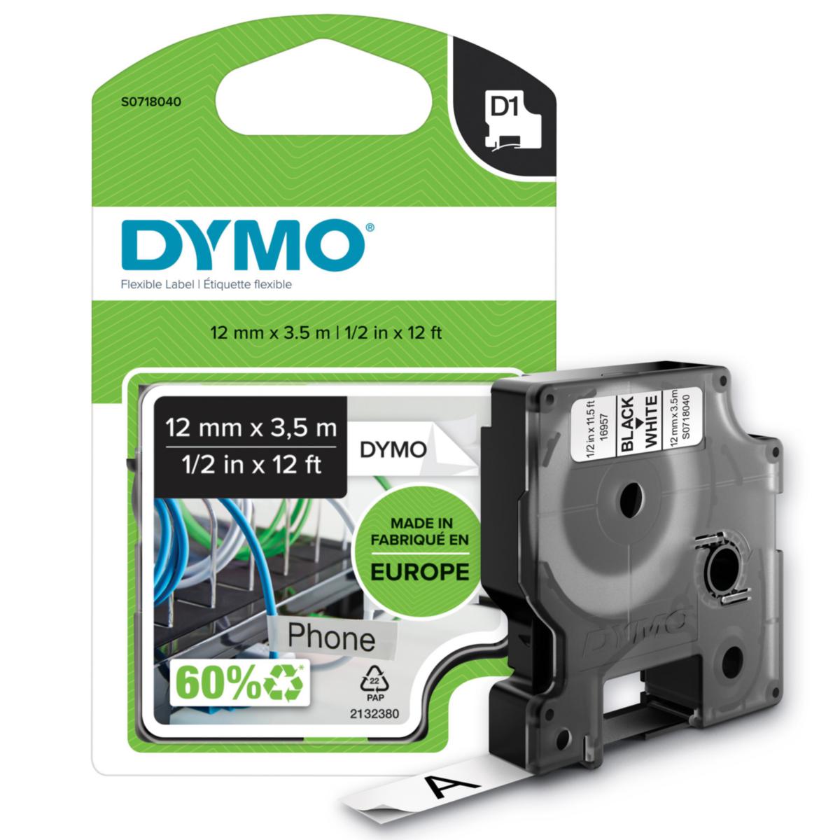 Nylontejp Dymo D1 Flexibel - MÄRKTEJP DYMO D1 12 MM X 3,5M FLEXIBEL NYLON SVART PÅ VIT