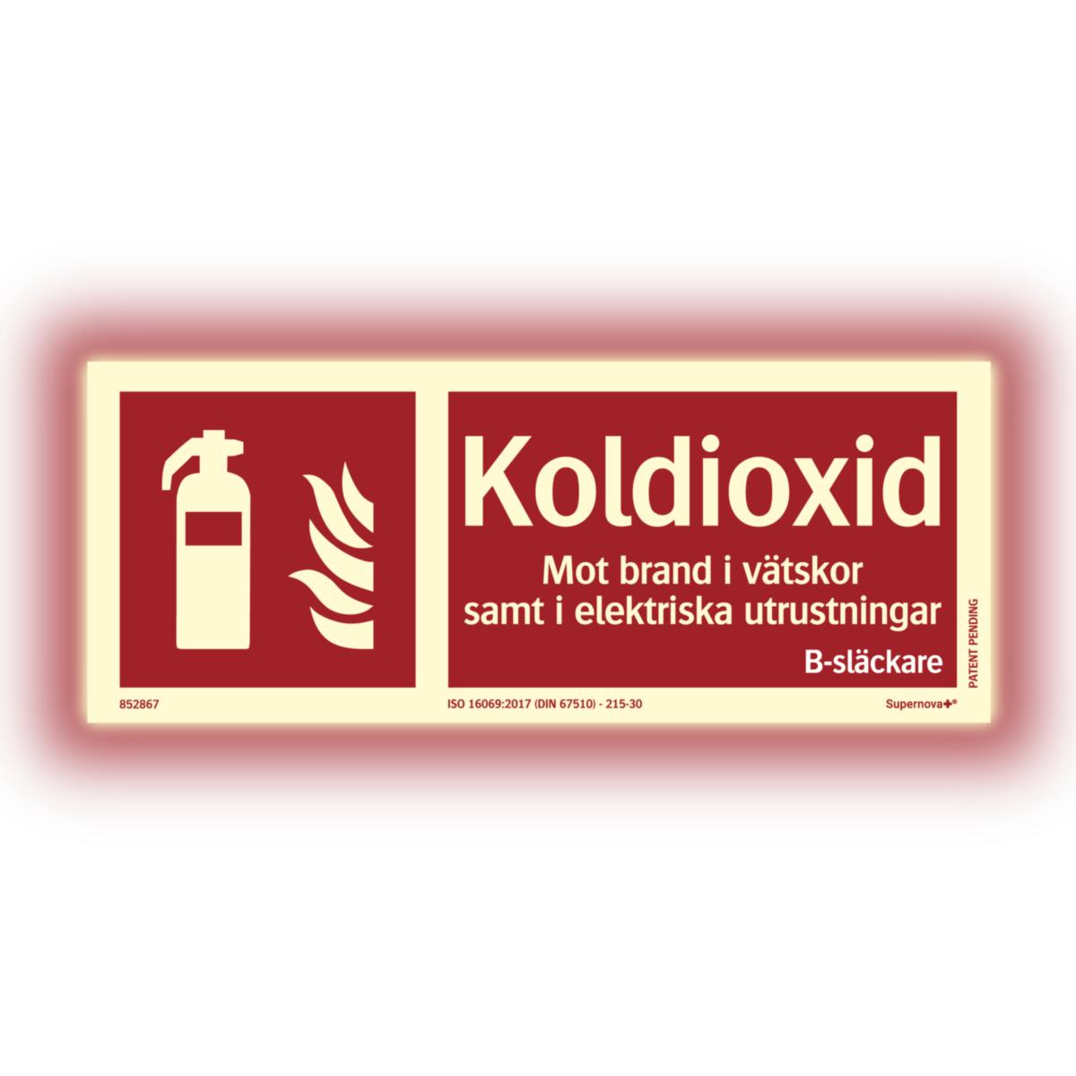 Färgefterlysande "brandskyltar ISO" Supernova® - SKYLT "KOLDIOXIDSLÄCKARE ISO" 250X100 MM ALU SUPERNOVA+