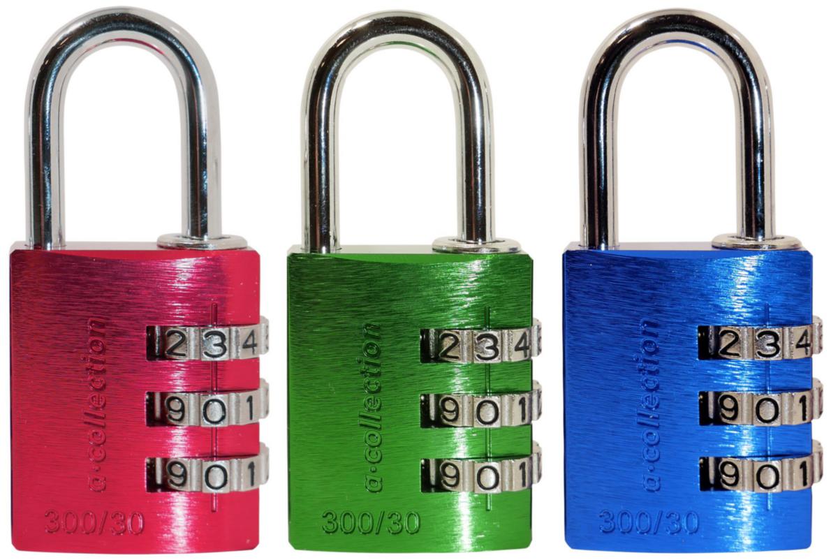Kombinationshänglås a-collection 300/30 3-pack - HÄNGLÅS KOMB A-COLL 300/30 3ST KOMBINATION 30MM RÖD/BLÅ/GRÖN