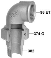 Vinkelkoppling, aducerad, galv, med konisk tätning, in- och utv. gängade. Int nr 98.