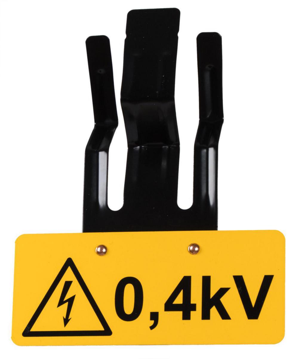 Varningsskylt Allmän Elfara symbol och text på båda sidor: 0,4 kV - SKYLT SAMB 0.4KV M KL45 FÄSTE SCREENTRYCKT & SKYDDSLACKAD