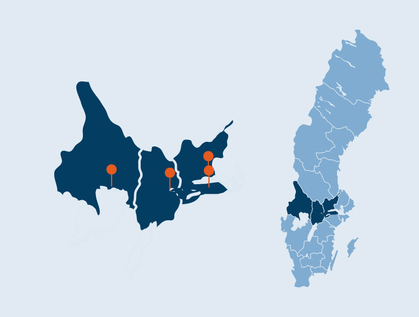 Karta som indikerar orter i Region Mellansverige