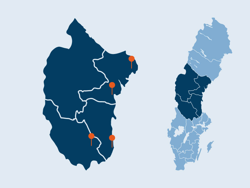 Karta som indikerar orter i region Nedre Norrland