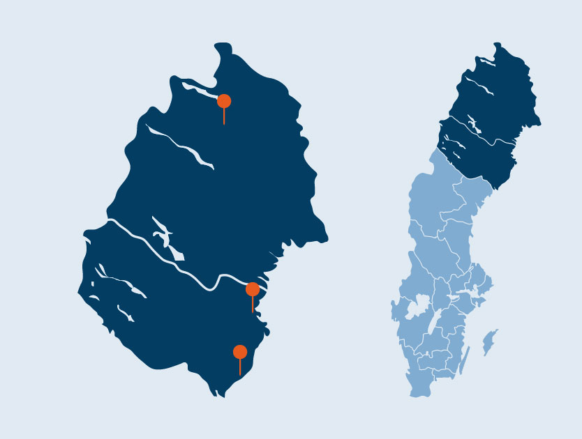 Karta som indikerar orter i region Övre Norrland