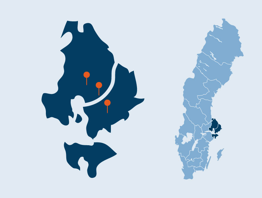 Karta som indikerar orter i region Stockholm