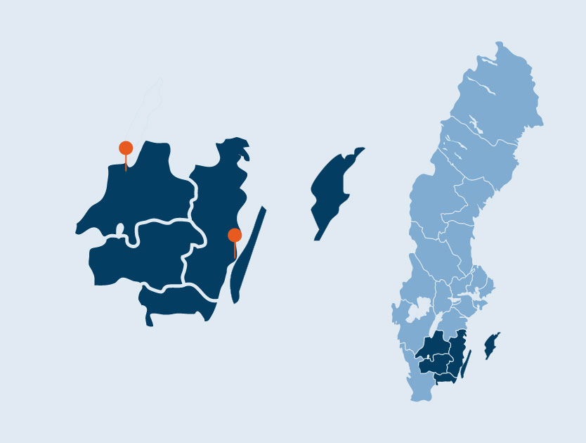 Karta som indikerar orter i region Sydost